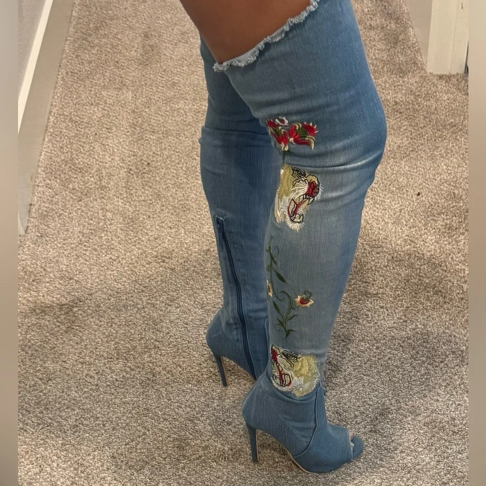 Toriana Blue Denim Like Club Embroidered Tiger Rose Over the Knee Boots- Size 8